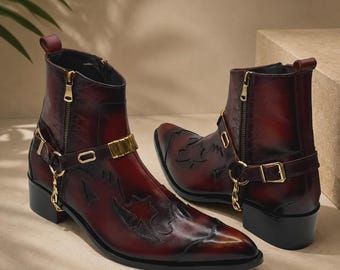 Men's Burgundy Leather Cowboy Ankle Boots, Pointed Toe Western Boots