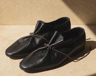 Men's Handmade Genuine Leather Black Ruched Tie-Front Bow Slip-On Loafers