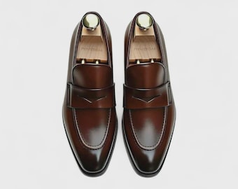 Men's Leather Burgundy Brown Penny Loafers Handmade Slip On Shoes
