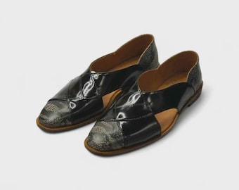Handmade Leather Sandal Loafers for Men | Black Embossed Snake Print Woven Vamp