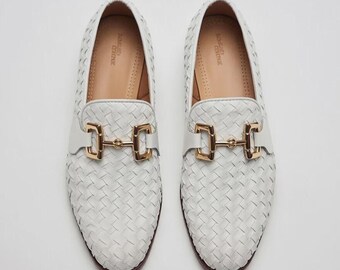 White Woven Leather Loafers, Gold Bit Slip On Shoes, Elegant mens Dress Shoes