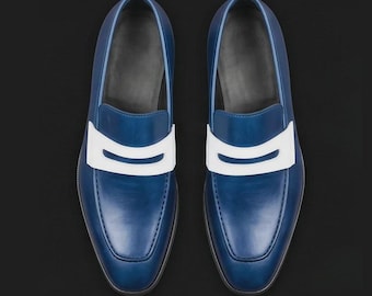 Men's Handmade Genuine Leather Navy Blue White Penny Loafers Two-Tone