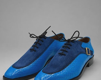 Handmade Men's Royal Blue Leather & Suede Oxford Shoes,Groom Wedding  Party Footwear