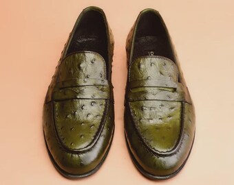 Men's Handcrafted Olive Green Ostrich Print Leather Penny Loafers – Slip-On Dress Shoes