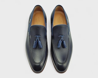 Handmade Navy Leather Loafers for Men | Pebbled Grain Tassel Slip On | Textured Dress Loafer