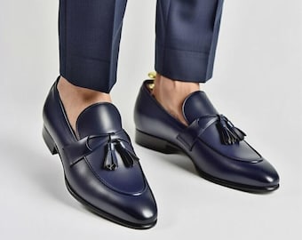 Men's Leather Navy Blue Tassel Loafers Handmade Slip On Shoes