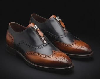 Men's Genuine Leather Two Tone Wingtip Zipper Oxford Brogue Dress Shoes