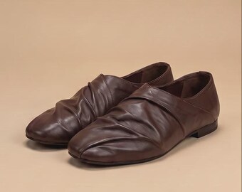 Men's Handmade Genuine Leather Brown Ruched Slip-On Loafers Soft Draped