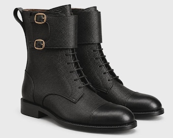 Black Leather Engineer Boots, Mens Lace Up Motorcycle Boots, Buckle Ankle