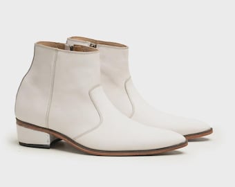 Men's Handmade Genuine Leather White Chelsea Boots Pointed Toe Cuban Heel