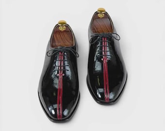 Handmade Leather Oxford Shoes for Men | Black Patent with Red Accent Stripe