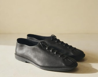 Men's Handmade Genuine Leather Black Derby Oxford Shoes Minimalist Lace-Up