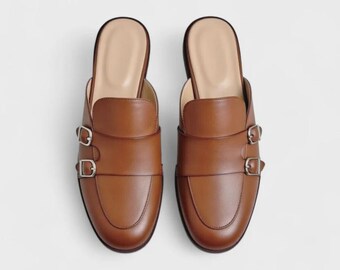Men's handmade Leather Tan Double Monk Strap Mules Backless Loafers Handmade