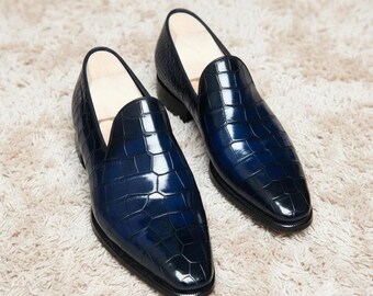 Handmade Leather Blue Moccasins Alligator Texture Formal Dress Loafer Mens Shoes.
