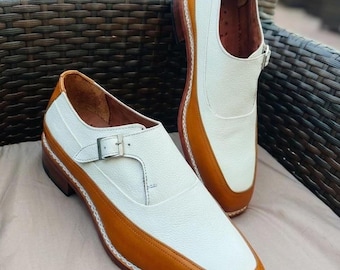 Handmade Two Tone Leather Monkstrap Shoes - Men's Dress Shoes