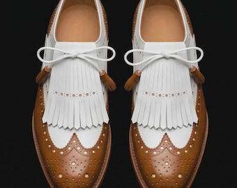Men's Genuine Leather Tan White Wingtip Fringe Brogue Dress Shoes Handmade