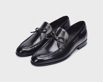 Men's Black Leather Bow Tie Loafers | Handmade Classic Slip On Dress Shoes
