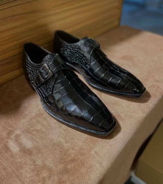 Men's Black Croc Embossed Leather Pointed Toe Single Monk Strap Shoes