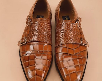 Men's Brown Crocodile Embossed Leather Double Monk Strap Dress Shoes