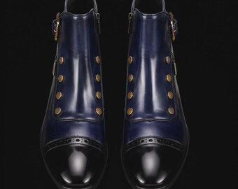 Men's Genuine Leather Blue Patina Military Ankle Boots Gold Stud Handmade