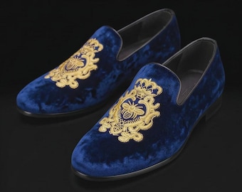 Men's Blue Velvet Gold Embroidered Loafers Handmade Smoking Slipper Shoes