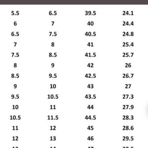 May include: A shoe size conversion chart with the header MEN'S SHOE SIZE CHART. The table lists columns for UK, US, EU, and CM sizes, providing numerical equivalents for shoe sizing ranging from UK 5.5 to 14 and corresponding US, EU, and CM values.