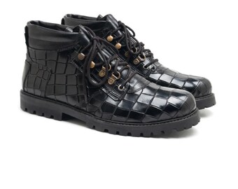 Men's Black Croc Embossed Leather Boots | Handmade Lug Sole Hiking Style Ankle Boots
