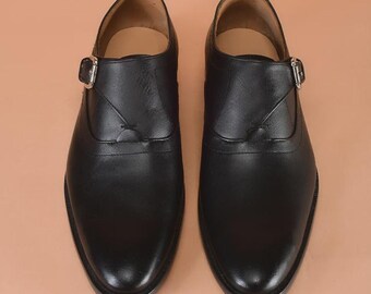 Men's Black Genuine Leather Single Monk Strap Formal Dress Shoes Handmade
