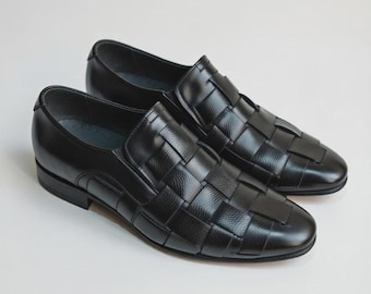 Handmade Black Leather Loafers for Men | Woven Basket Weave Slip On | Formal Dress Shoe