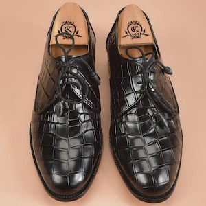 Men's Black Croc Embossed Leather Derby Cap Toe Dress Shoes Handmade