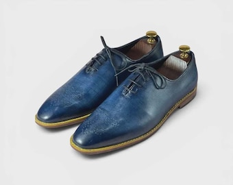 Handmade Blue Leather Oxford Shoes for Men | Hand Burnished Patina Lace Up