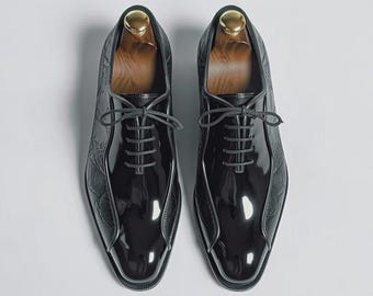 Men's Genuine Leather Black Patent Embossed Oxford Dress Shoes Handmade