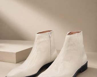 Men's White Leather Ankle Boots, Minimalist Chelsea Style Zip Boots