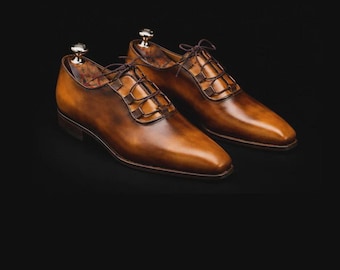 Men's Handmade Genuine Leather Tan Patina Wholecut Oxford Woven Lace Shoes