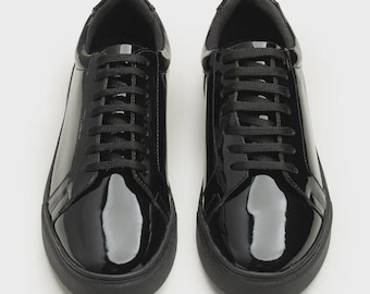 Men's Handmade Genuine Patent Leather Black Low-Top Lace-Up Sneakers