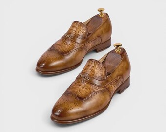 Men's Leather Tan Wingtip Loafers Gold Chain Textured Vamp Handmade