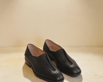 Men's Handmade Genuine Leather Black V-Cut Squared Toe Slip-On Loafers