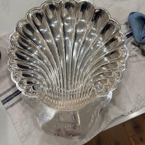 May include: A polished silver-toned serving dish shaped like a large scallop shell. The dish features deep, radiating fluted grooves that extend from the base to the scalloped edge, creating a reflective surface with a smooth, flat handle area.