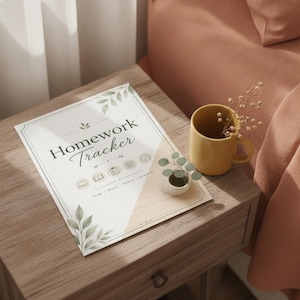 May include: A rectangular homework tracker sheet featuring green leaf illustrations at the corners, the text "Homework Tracker" in dark green, and icons for planning, tracking, focusing, and achieving, accompanied by a yellow mug and a small plant.
