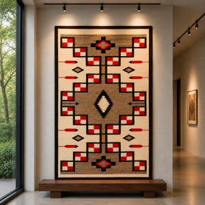 1,8 x 2,7 meter geometrisch vloerkleed in zuidwestelijke stijl, tapijt in tribale stijl uit het westen, rood, crème en taupekleurig vloerkleed, Azteekse woondecoratie, rustiek vloerkleed dat een statement maakt