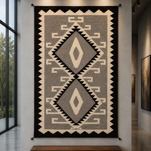 Handwoven Southwestern Area Rug, Navajo Style Gray Geometric Tribal Wool Blend Rug, Boho Western Farmhouse Decor
