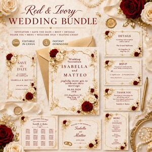 Paquete de invitaciones de boda en oro rosa rojo, paquete editable de Canva Wedding Suite