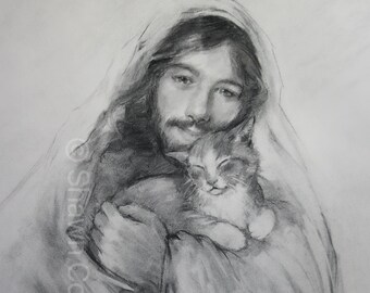 Kitten Art Print, Jesus and Purring Kitten, Cat and Kitten Art Gift