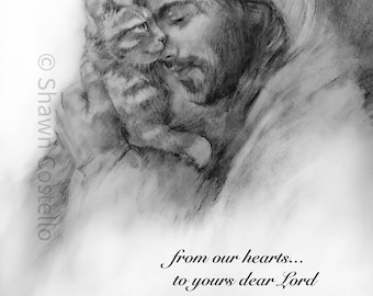 Kitten Held By Jesus with a Quote, original art print