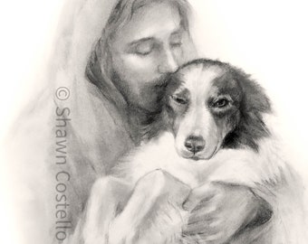 May include: A black and white pencil drawing of a man with his eyes closed, holding a dog in his arms. The man is wearing a robe and the dog is looking up at him.