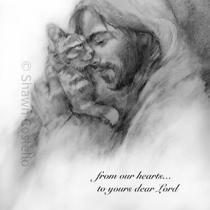 Kitten Held By Jesus with a Quote, original art print