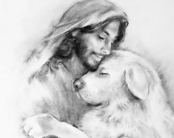 Great Pyrenees Dog Print with Jesus, Black and White or Sepia Art Print