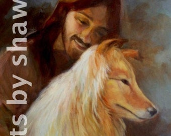 May include: A painting of a person with long brown hair holding a golden retriever dog. The person is smiling and the dog is looking to the side.
