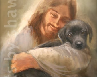 Jesus with black lab dog, Black Labrador with Jesus, Gift for Lab lover, Beloved Pup in Jesus&#39; Arms
