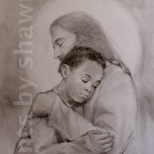 Jesus Hugging an African American Boy Print, God&#39;s Love for Children